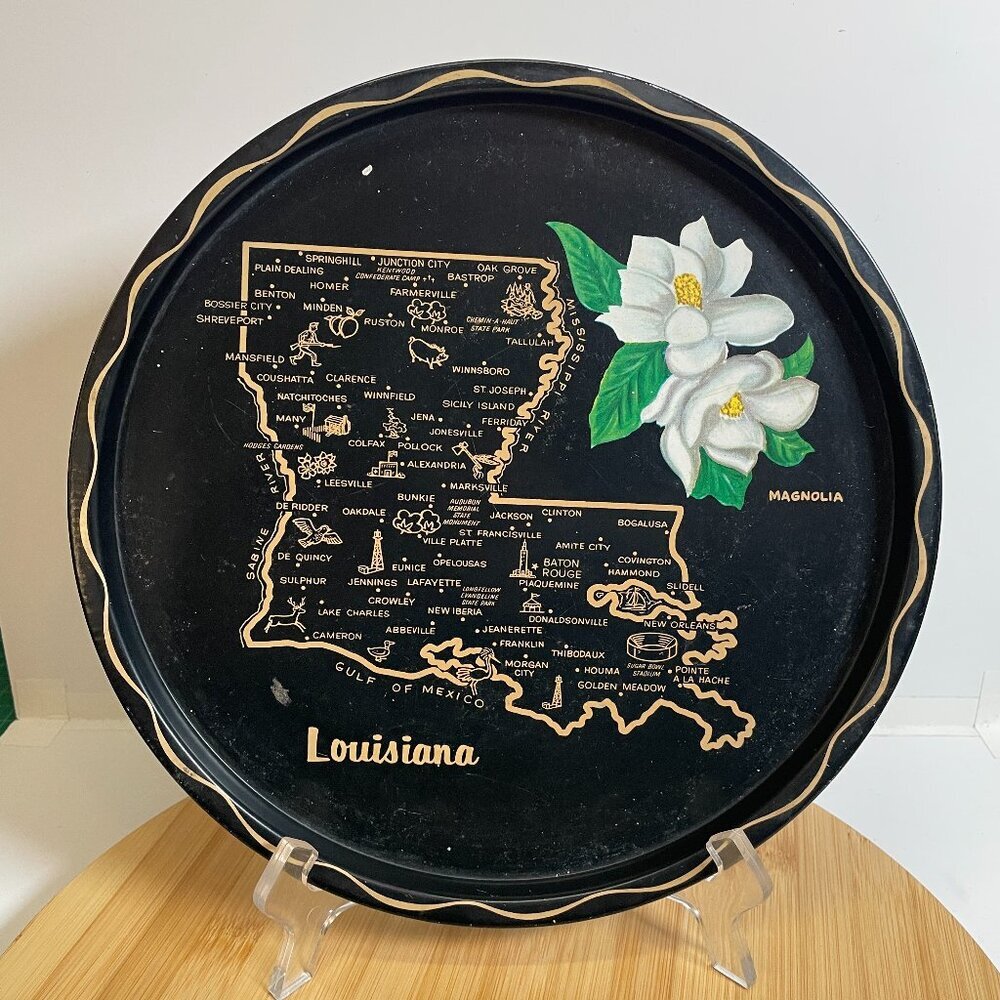 Vintage State of Louisiana Souvenir Tray Black Metal Travel Magnolia Pelican